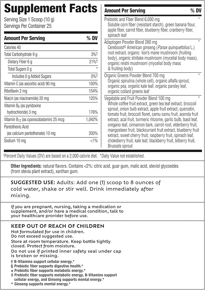 Benefiber Prebiotic GLP-1 Friendly Fiber + Supergreens Dietary Supplement Powder, Watermelon Lemonade Flavor, 8.8 oz (250g)