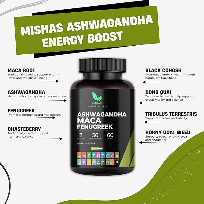 Mishas Nutraceuticals Ashwagandha, Maca Root, Fenugreek Supplement with Ginseng – Supports Stress Relief, Mood Balance & Thyroid Health – 60 Capsules