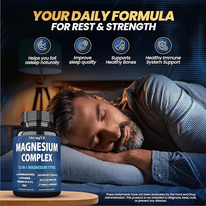 1000mg Magnesium Complex for Women and Men, 12 in 1 Magnesium Supplement with Ashwagandha, Zinc, D3, L-theanine. Easy to Swallow, High Absorption, Sleep Support & Stress Relief (120 Capsules)