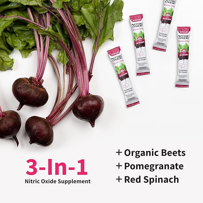 Snap Supplements Organic Beet Root Powder Nitric Oxide Supplement for Men & Women with Red Spinach, Supports Healthy Energy & Blood Pressure Already in Normal Range, 10 Stick Packs, Mixed Berry