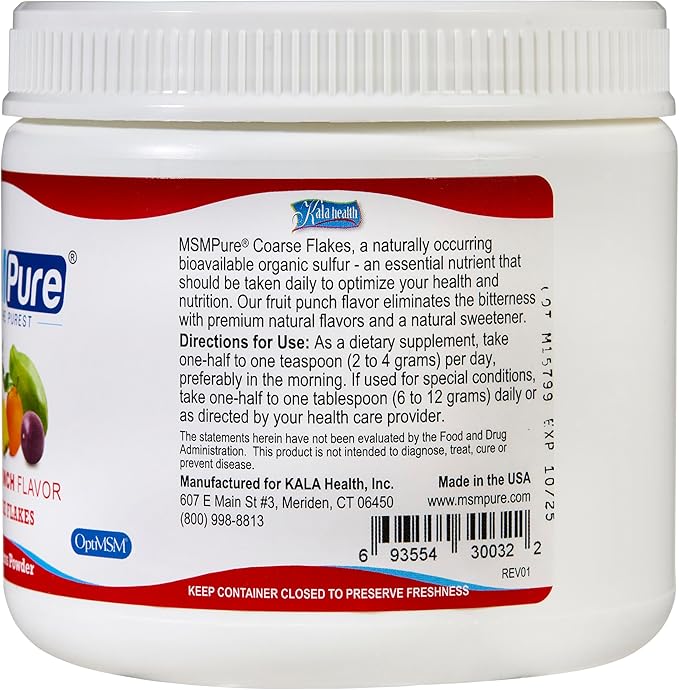 KALA HEALTH MSMPure Fruit Punch Flavored Coarse MSM Powder Flakes – US-Made MSM for Joint Health, Skin Appearance, and Hair & Nail Support – 8.8 oz, Organic Sulfur