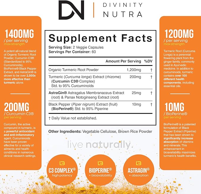 Turmeric Curcumin with BioPerine Black Pepper 1400mg, Support GLP-1 Naturally, Max Absorption Turmeric Supplement for Joint Support with 95% Standardized Curcuminoids C3 Complex, Non GMO, 120 Capsules