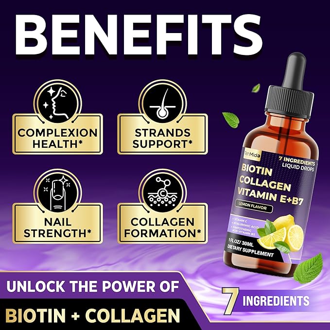 7in1 Biotin and Collagen Supplements - Biotin Liquid Drops with B5 Pantothenic Acid, Vitamin C, Vitamin E, Zinc, Hyaluronic Acid - 30ml 1 Fl Oz