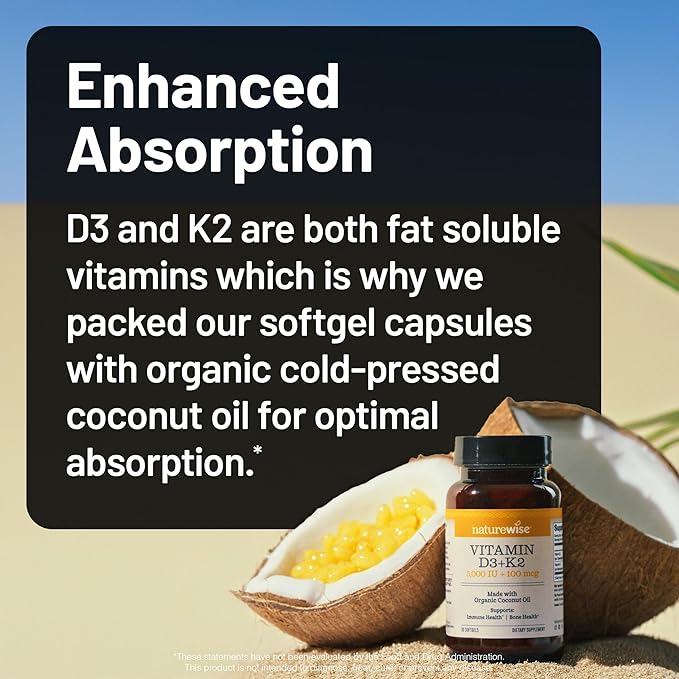 NatureWise Vitamin D3 5000IU + K2 (MK7) 100mcg with Organic Extra Virgin Coconut Oil - Supports Calcium Absorption, Bone & Immune Health - Non-GMO, Soy & Gluten-Free - 30 Softgels[30-Day Supply]