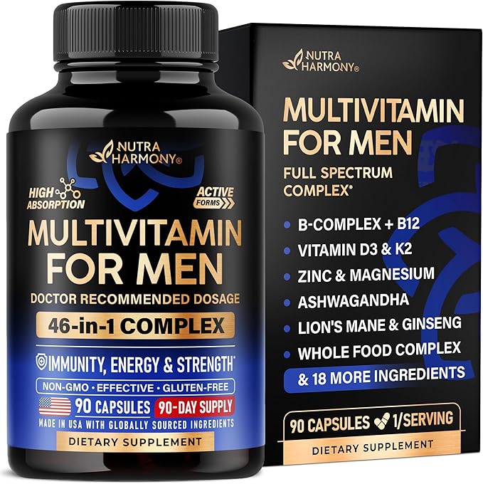 Multivitamin for Men - B-Complex | Whole Foods & Enzymes - Energy, Focus & Brain | Men's Health Complex - 46in1 Mens Multivitamin - Bioavailable & Gentle on Stomach - Made in USA - 90 Capsules, 1/Day