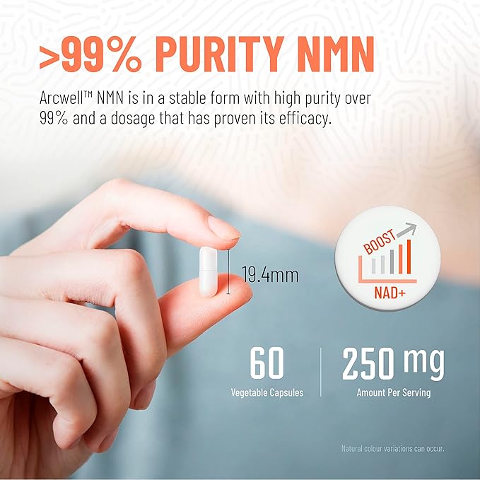Arcwell NMN (Nicotinamide Mononucleotide) 250 mg per Capsule | NAD+ Boost Supplement | 99% Ultra Pure NMN | Supports Cellular Health & Energy Production (60 Veggie Caps)