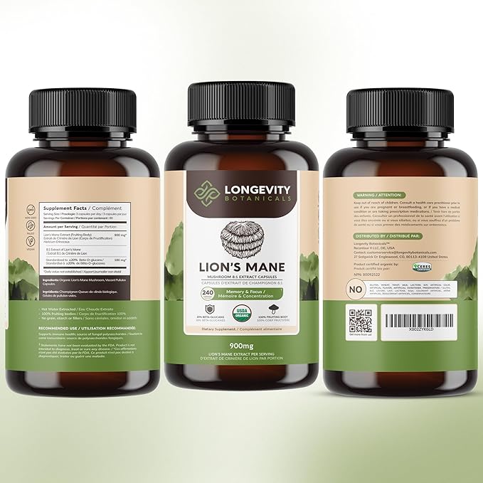 Longevity Botanicals Organic Lion's Mane Mushroom Capsules Supplement Extract 240ct | Hericium Erinaceus Fruiting Body | ≥20% Beta-D-Glucans | 80 Servings of 900mg | Supports Cognitive & Gut Wellness