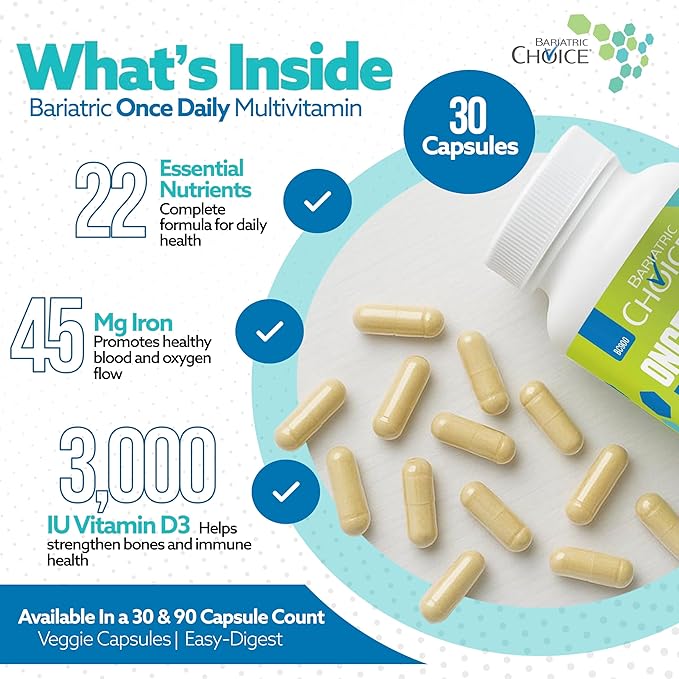 Bariatric Choice Once-Daily Bariatric Multivitamin with 45 mg of Iron | Easy to Swallow Capsule | Vitamin for Bariatric Surgery Patients | 30 Count (1-Month Supply)