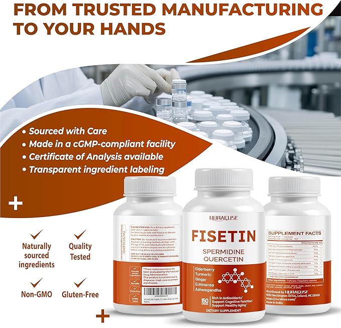 Fisetin 10-in-1 Formula - with Spermidine Quercetin Resveratrol, Elderberry, Turmeric Non-GMO, Gluten-Free, Soy-Free
