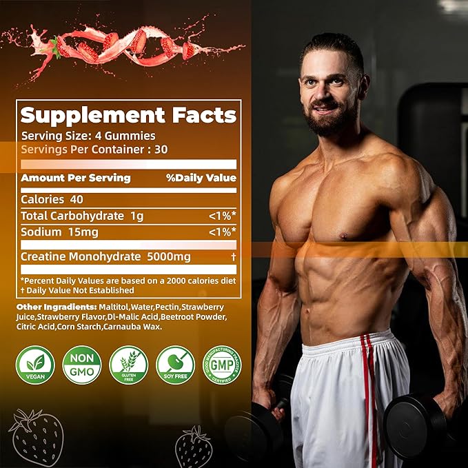 Nutravita NSF Certified Creatine Gummy - Creatine Monohydrate Gummies for Men & Women-5g of Creatine Monohydrate per Serving - Sugar Free,Vegan, Strawberry Flavor, 120 Count