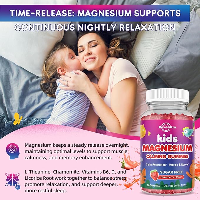 Magnesium Gummies for Kids - Magnesium Glycinate Gummies with L-Theanine, Chamomile, Vitamin B6, D for Kids & Adults Sleep, Stress, Muscle Relief & Nerve Bone - Sugar Free Strawberry 60ct