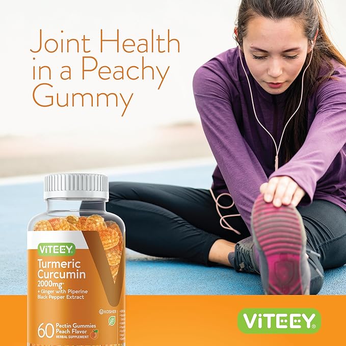 Viteey Turmeric Gummies with Turmeric Curcumin, Ginger & Black Pepper Extract - Immune Support, Healthy Skin, and Joint Health - Vegan, Gelatin Free, GMO Free - Tasty Chewable Peach Flavored-120 Count
