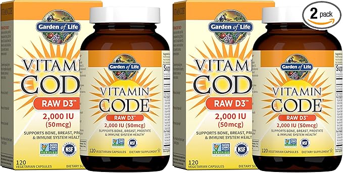 Garden of Life Vitamin D,Vitamin Code Raw D3,Vitamin-D 2,000 IU,Raw Whole Food D3 Supplements with Chlorella,Fruit,Veggies & Probiotics for Bone & Immune Health,120 Vegetarian Capsules,(Pack of 2)