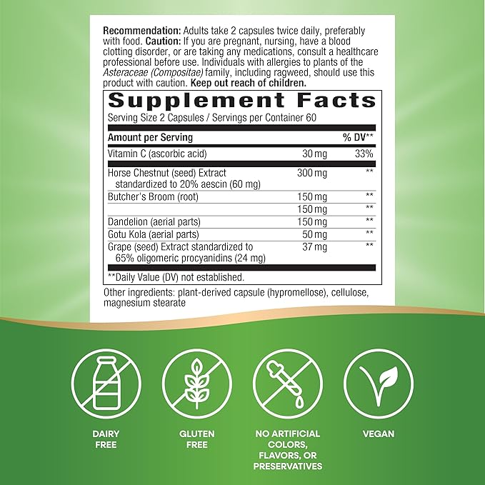 Nature's Way Leg Veins, Supports Healthy Leg Vein Strength*, 6-Herb Blend, With Horse Chestnut Extract, Dandelion, Gluten Free, 120 Vegan Capsules (Packaging May Vary) - 2 Pack