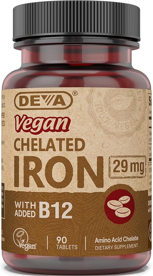 Deva Nutrition Vegan Chelated Iron 29 mg Fortified with B-12 - High Potency, Easy to Swallow - 90 Tablets, 1-Pack