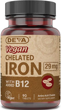 Deva Nutrition Vegan Chelated Iron 29 mg Fortified with B-12 - High Potency, Easy to Swallow - 90 Tablets, 1-Pack