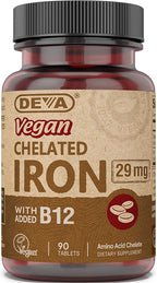 Deva Nutrition Vegan Chelated Iron 29 mg Fortified with B-12 - High Potency, Easy to Swallow - 90 Tablets, 1-Pack