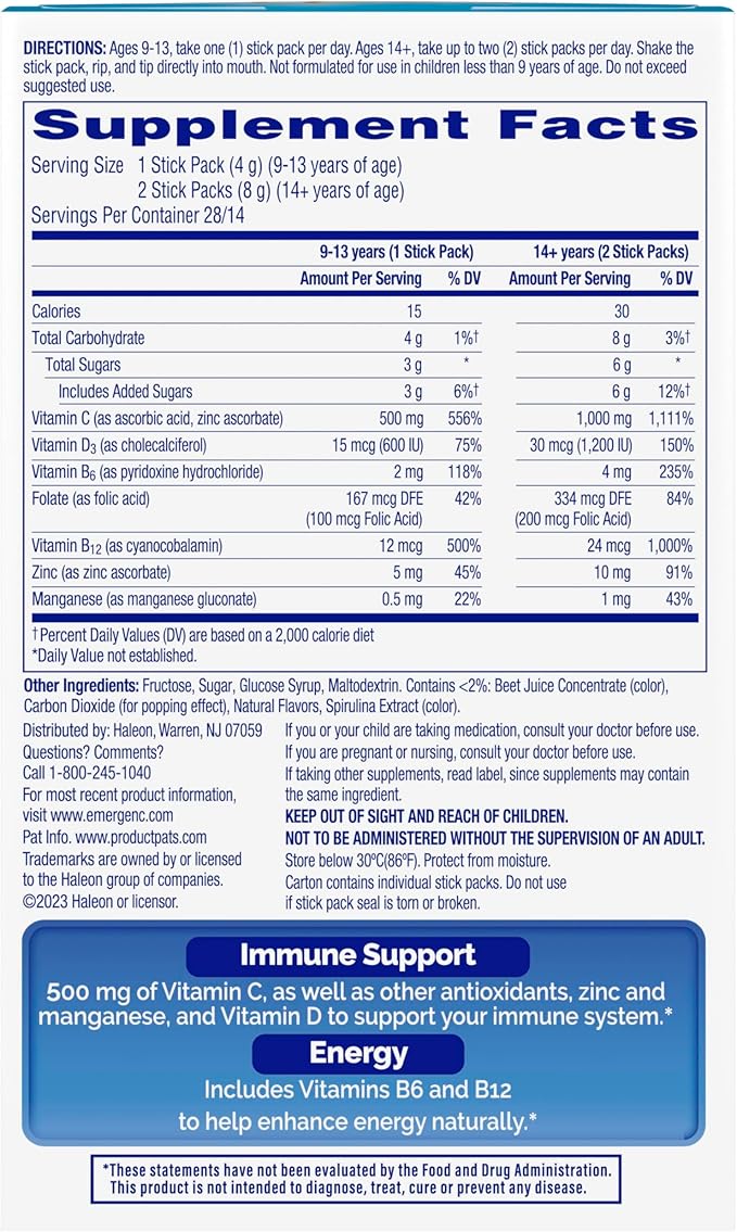 Emergen-C Immune Plus Crystals, On-The-Go Immune Support Supplement with Vitamin C, Vitamin D, B Vitamins, Zinc and Manganese, Berry Lemonade - 28 Stick Packs