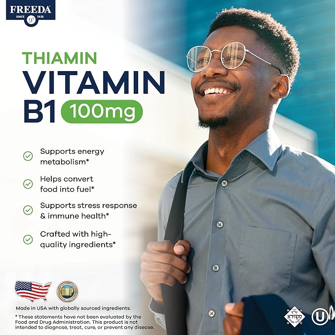Freeda Vitamin B1 Thiamine 100mg - Supports Energy Metabolism, Nervous System Health - Kosher, Vegan, Gluten Free - Thiamin HCl 100 mg Vitamin B 1 - Pure Vit B1 Vitamin Thiamine B1 Supplement (100 Ct)