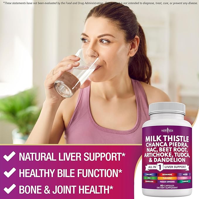 NEW AGE Milk Thistle NAC Chanca Piedra Beet Root Artichoke Dandelion Root Astragalus - Plus TUDCA & Ginger - 60 Count