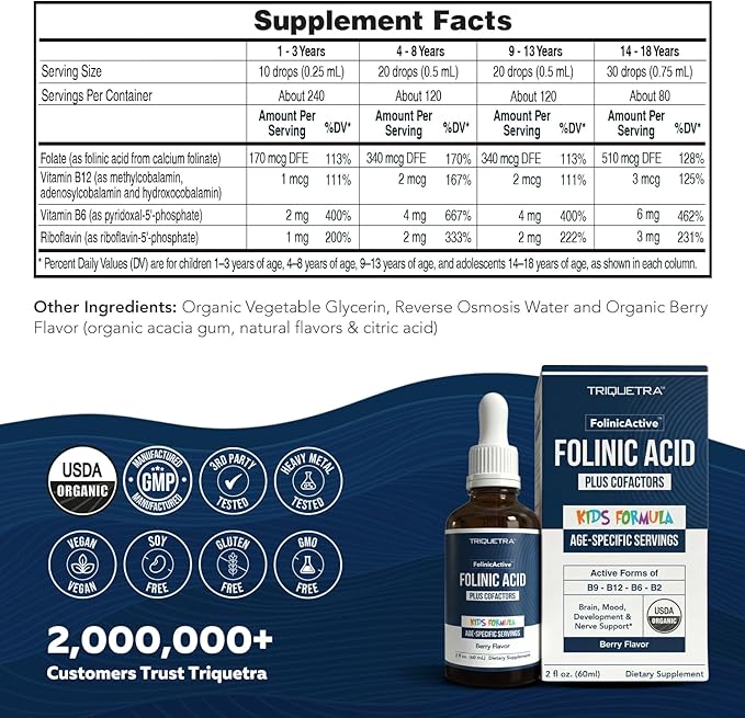 Organic FolinicActive Kids - Folinic Acid + B12, B6 & B2 Cofactors - Gentle Methylation Support for Mood, Energy & Cognition, Age Adjustable Dosing for Kids 1-18, Non GMO, Vegan, Berry Flavor (60mL)
