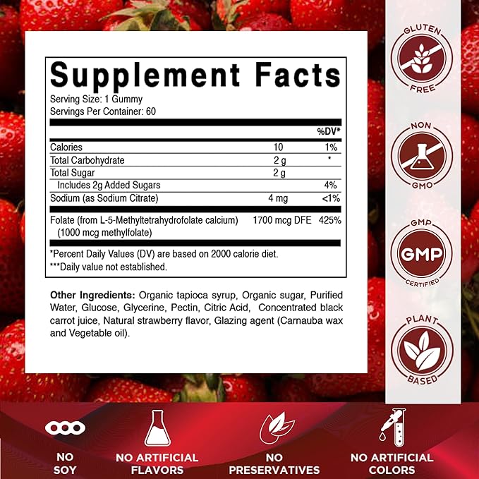 Vitamatic Methylfolate Gummies 1000 mcg – Active 5-MTHF Form – Natural Strawberry Flavor – Vegan, Non-GMO, Gluten Free – 60 Gummies