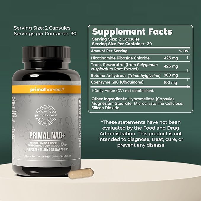 Primal Harvest NAD+ Supplement: Nicotinamide Riboside, Trans-Resveratrol, Betaine, CoQ10, NAD Supplements for Cellular Health, Energy, and Mitochondrial Support
