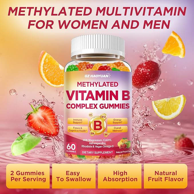 Methylated Vitamin B Complex Gummies for Women & Men with Vitamin B1, B2, B3, B5, B6, B7, B9, B12 & Magnesium, Omega-3, CoQ10, Supports Brain Health, Energy, Immune, Sugar Free, Fruit Flavor, 120ct