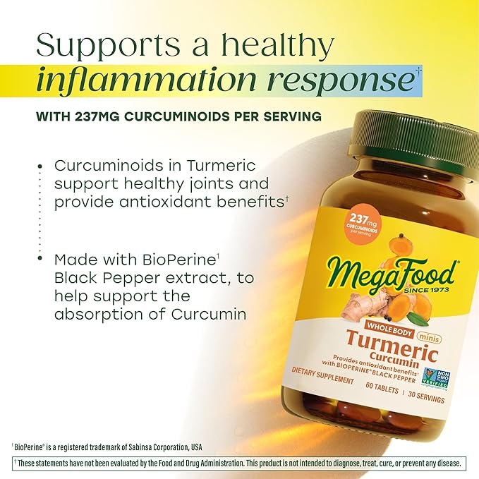 MegaFood Whole Body Minis Turmeric Curcumin Supplement - Turmeric Supplement With Black Pepper - 237 mg Curcuminoids Per Serving - Antioxidant & Immune Support - Vegan - 60 Mini Tablets, 30 Servings
