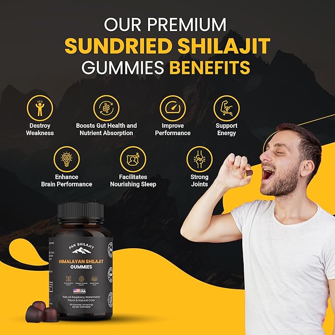 Pure Sundried Himalayan Shilajit Gummy for Men & Women | Organic Shilajit Gummies | Natural 85 Plus Trace Minerals Fulvic Acid | Energy, Immunity | Sugar-Free 60 Healthy Gummy