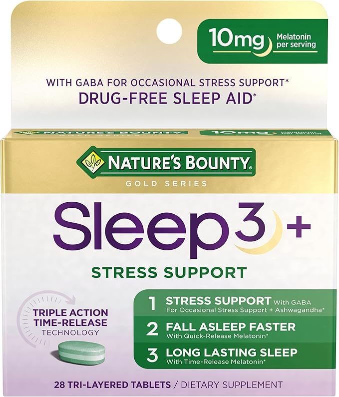 Nature's Bounty Sleep + Stress Support, Sleep3 Maximum Strength 100% Drug Free Sleep Aid, Dietary Supplement with Ashwagandha, Time Release Technology, 10mg, 28 Tri-Layered Tablets (Pack of 2)