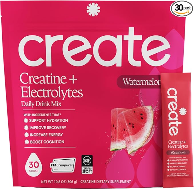 Create Creatine + Electrolytes Mix - Creatine Monohydrate Stick Packs, Supports Energy and Hydration, NSF Certified for Sport, 30 Count, Watermelon