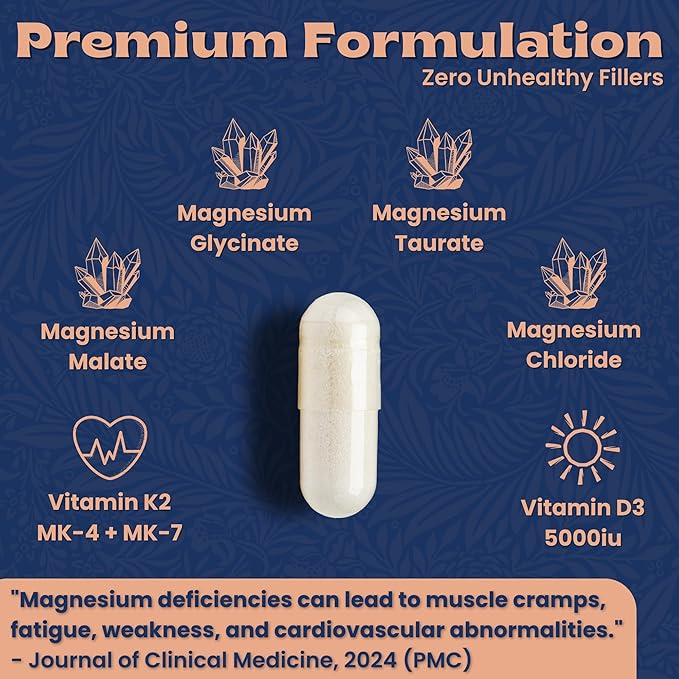 Magnesium Complex 420mg with Vitamin D3 K2 - Four Bioavailable Forms Including Bisglycinate (Glycinate), Malate, Taurate, and Chloride for Superior Absorption - 90 Capsules Made in USA