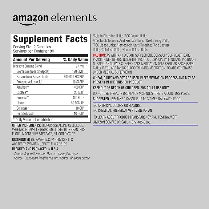 Amazon Elements Digestive Enzyme Complex, Vegetarian, Supports Healthy Digestion, 180 Capsules (Previously Revly)