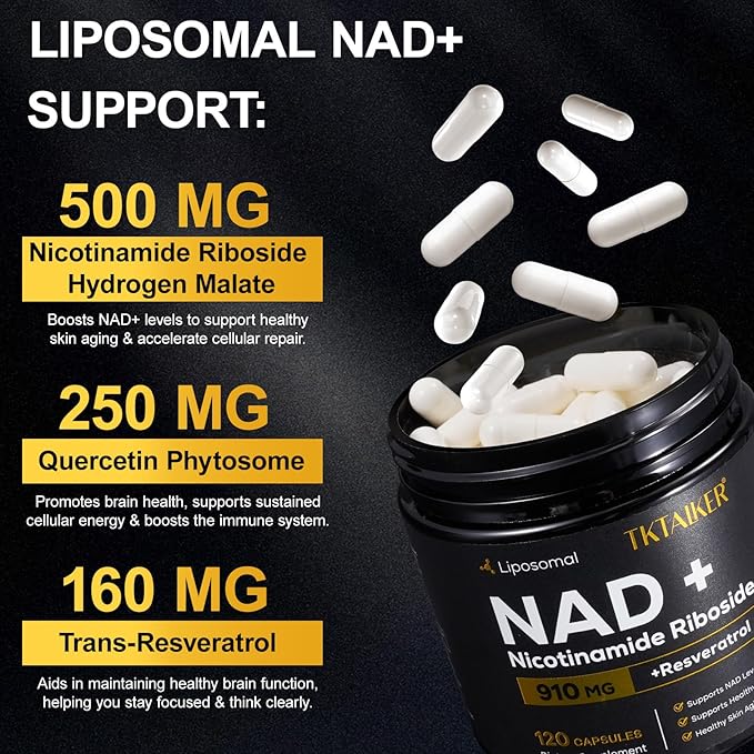 TKTALKER NAD Supplement, 910MG Liposomal Nicotinamide Riboside with Resveratrol & Quercetin, Anti-Aging, Cellular Energy, Mental Focus & Stamina & Healthy, Women & Men, 120 Capsules