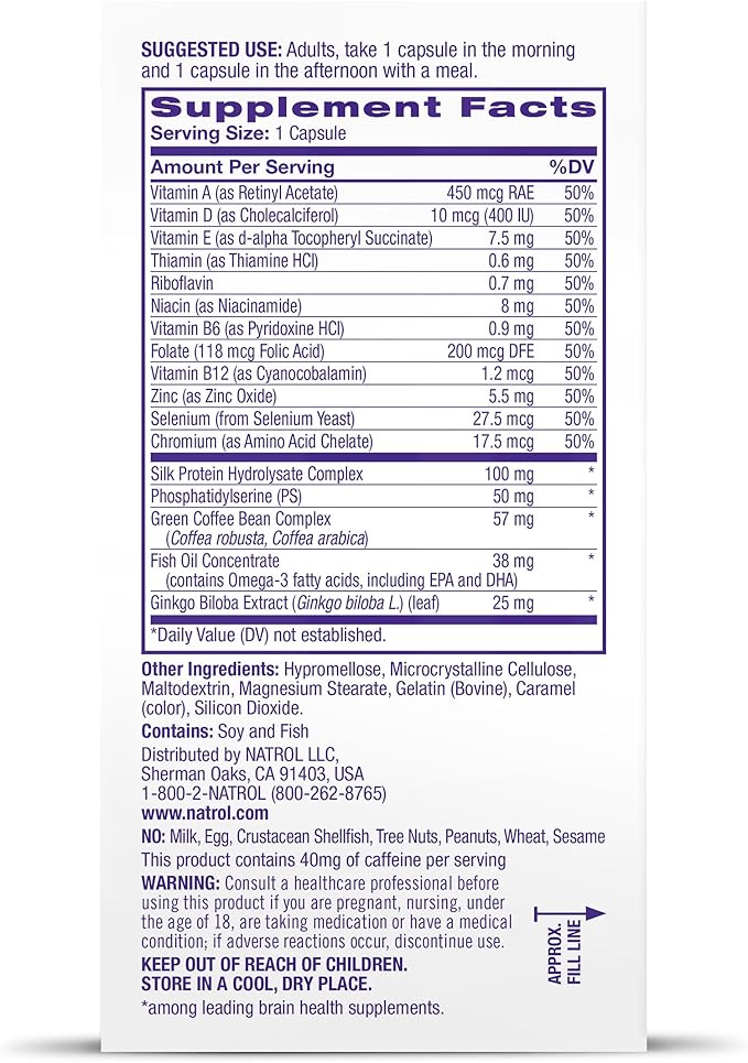 Natrol Cognium Complete, Dietary Supplement for Brain Health, Brain Health Supplements for Adults, 60 Capsules, 30 Day Supply
