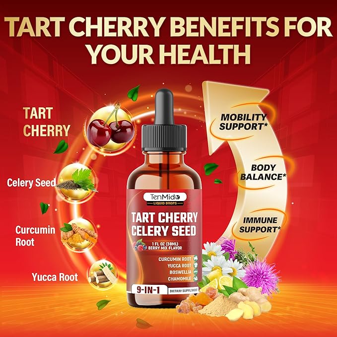 Tart Cherry Extract Liquid Drops - 9in1 with Celery Seed, Curcumin, Yucca Root, Boswellia, Chamomile, Milk Thistle, Ginger, and Citrus Limon - Vegan, Non-GMO - 30ml 1 Fl Oz