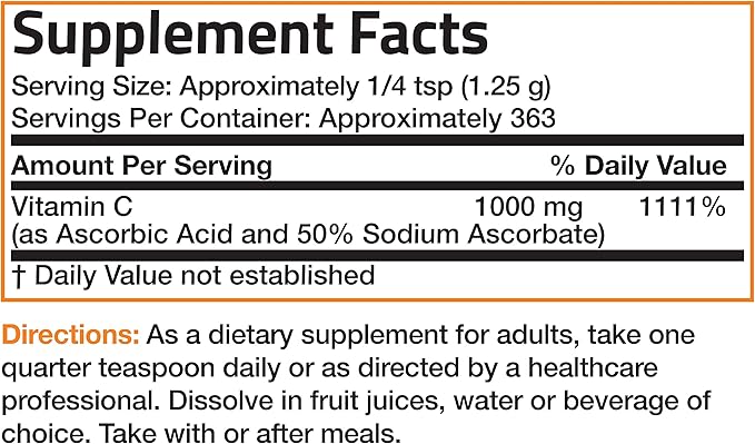 Bronson Buffered Vitamin C Powder Ascorbic Acid Buffered with Sodium Ascorbate Soluble Fine Crystals – Promotes Healthy Immune System and Cell Protection – Powerful Antioxidant - 1 Pound (16 Ounces)