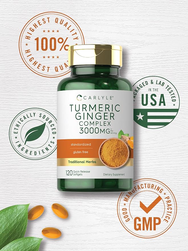 Carlyle Turmeric and Ginger Supplement | 120 Softgel Capsules | Turmeric Curcumin Complex | with Black Pepper Extract | Non-GMO, Gluten Free