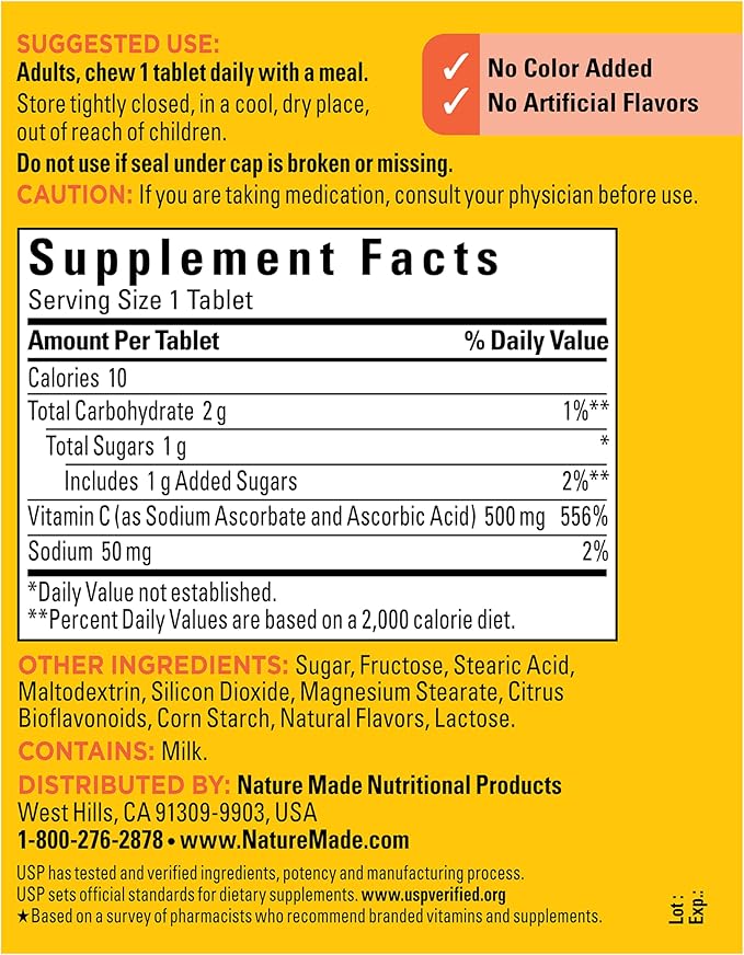 Nature Made Chewable Vitamin C 500 mg, Dietary Vitamin C Supplement for Immune Support, 150 Tablets, 150 Day Supply