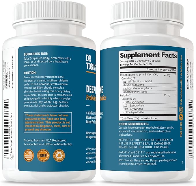 Dr. Tobias Deep Immune Probiotics & Prebiotics - Dual Action Digestion & Immune Support with PreforPro Prebiotics & Delayed Release Spore Forming Probiotics for Women & Men - 60 Capsules (30 Servings)