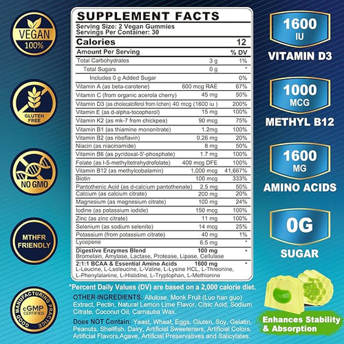 2 Pack Methylated Multivitamin for Men Gummies, BCAA Amino Acids, Zinc, Biotin, Vitamin A C E D3 K2 B Complex Calcium, Magnesium, Lycopene, Digestive Enzymes - Energy Muscle Immune - Sugar Free, Vegan