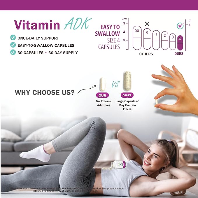 ADK Vitamin Supplement – Vitamins A, D3 & K2 MK-7 for Bone Health & Calcium Absorption – Gluten-Free, Non-GMO, Soy-Free – 60 Capsules (2-Month Supply)