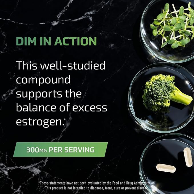 DIM Supplement for Men 300mg | Estrogen Blocker & Aromatase Inhibitor | Extra Strength Men’s Hormone Balance & Fitness Booster with Diindolylmethane Plus CDG & Broccoli Floret | Gluten-Free | 120 Ct