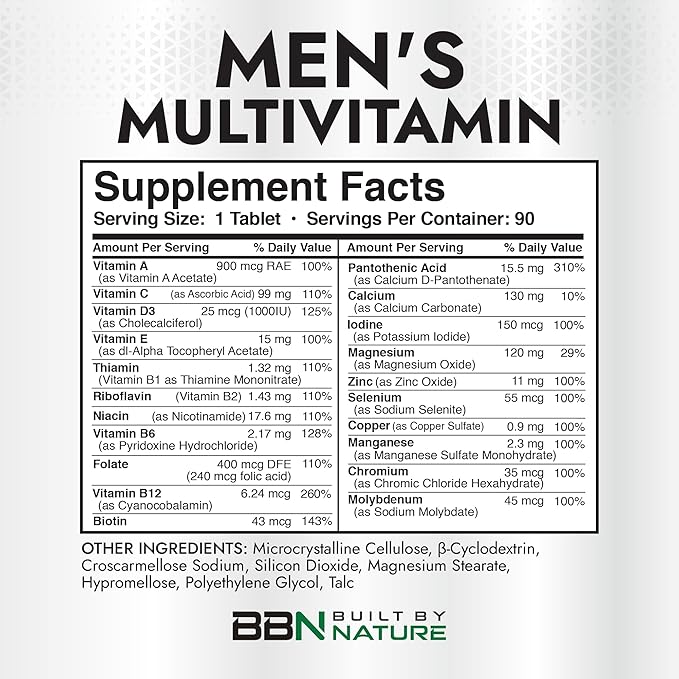 Built by Nature Multivitamin for Men – Mens Multivitamins & Vitamins for Men – Daily Immune, Energy & Heart Health Support – Once Daily Mens Multivitamin Supplement – 90 Tablets