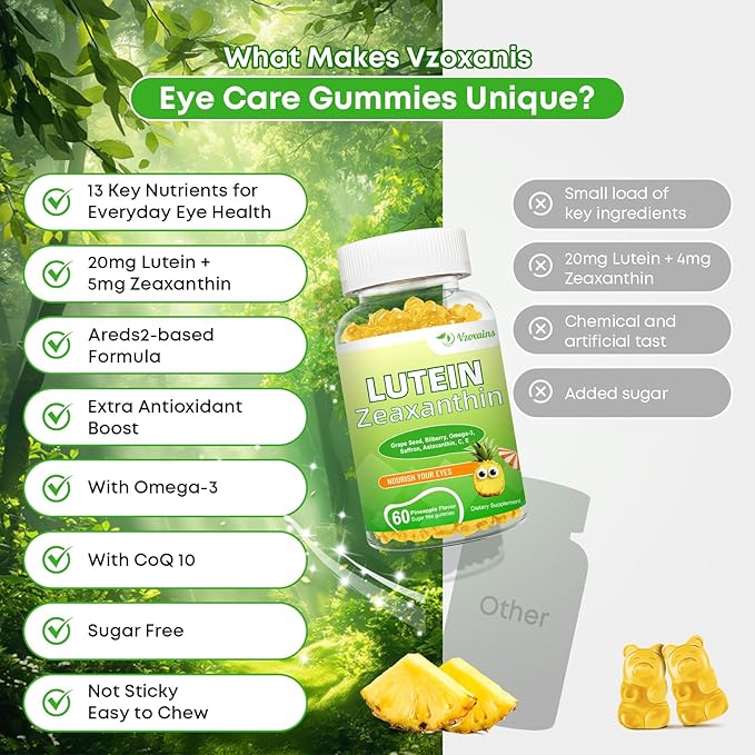Lutein 20 mg with Zeaxanthin Gummies, Lutein and Zeaxanthin Supplements with Eye Vitamins C, E, Bilberry for Eye Health - 60Cts