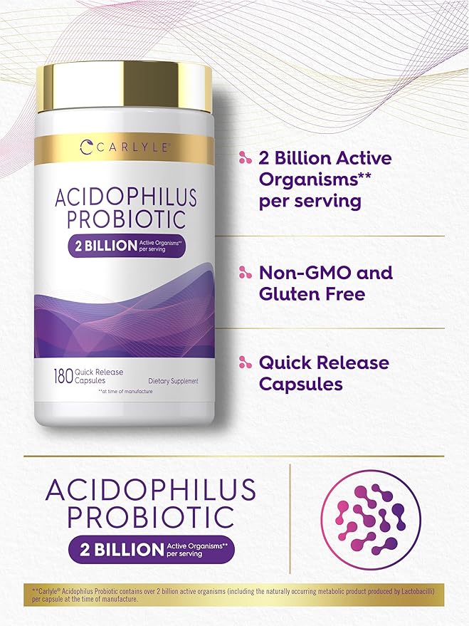 Carlyle Acidophilus Probiotic for Women & Men's Digestive Health | 2 Billion CFU | 180 Quick Release Capsules | Non-GMO & Gluten Free