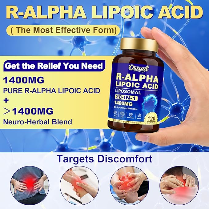 1400MG R Alpha Lipoic Acid, 28-in-1 Stabilized ALA Supplements, Neuropathy Supplements with L-Carnitine, NAC & B-Complex, R-ALA Supplement Antioxidant for Nerve, Brain, Energy丨Vegan, 120 Capsules