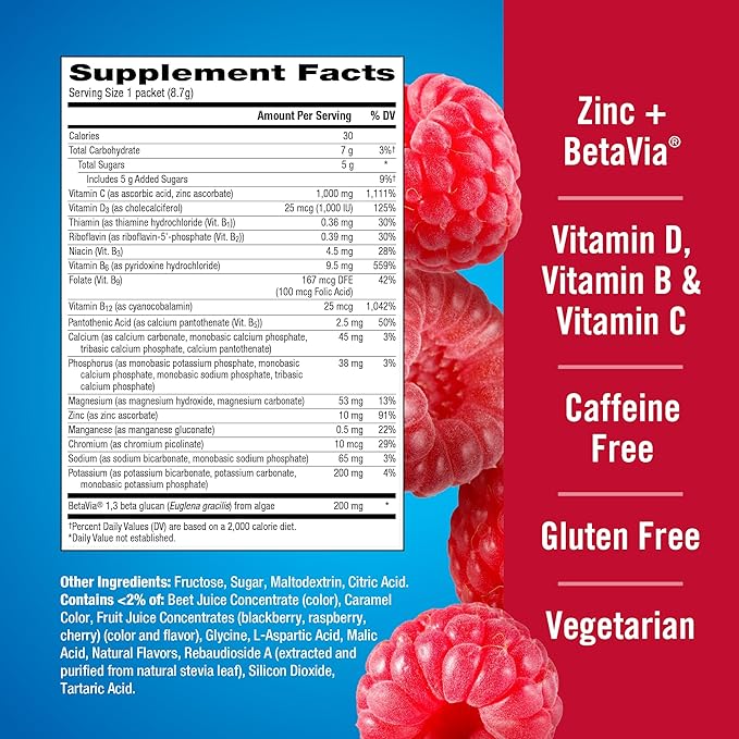 Emergen-C Immune+ Triple Action Immune Support Powder, BetaVia (R), 1000mg Vitamin C, B Vitamins, Vitamin D and Antioxidants, Raspberry – 30 Count