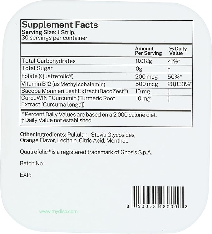 DISO - Vitamin B12 - Fast-Dissolving Oral Strips, for Tiredness and Fatigue, Orange Mint Flavor, Vegan, Sugar Free, Maximum Absorption, Gluten Free, Individually Wrapped, 30 Dissolvable Strips